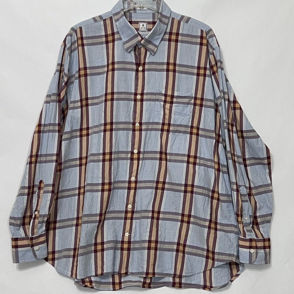Peter Millar Button Long Sleeve Plaid Shirt Men Size 2XL Blue‎ Maroon Gold